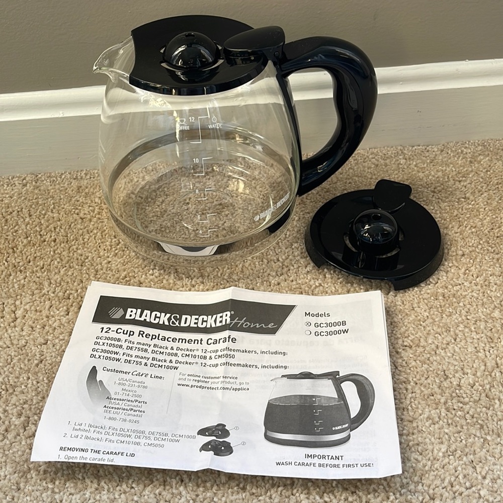 NWOB Replacement BLACK & DECKER Home 12 Cup Glass Coffee Carafe & Lids GC3000B